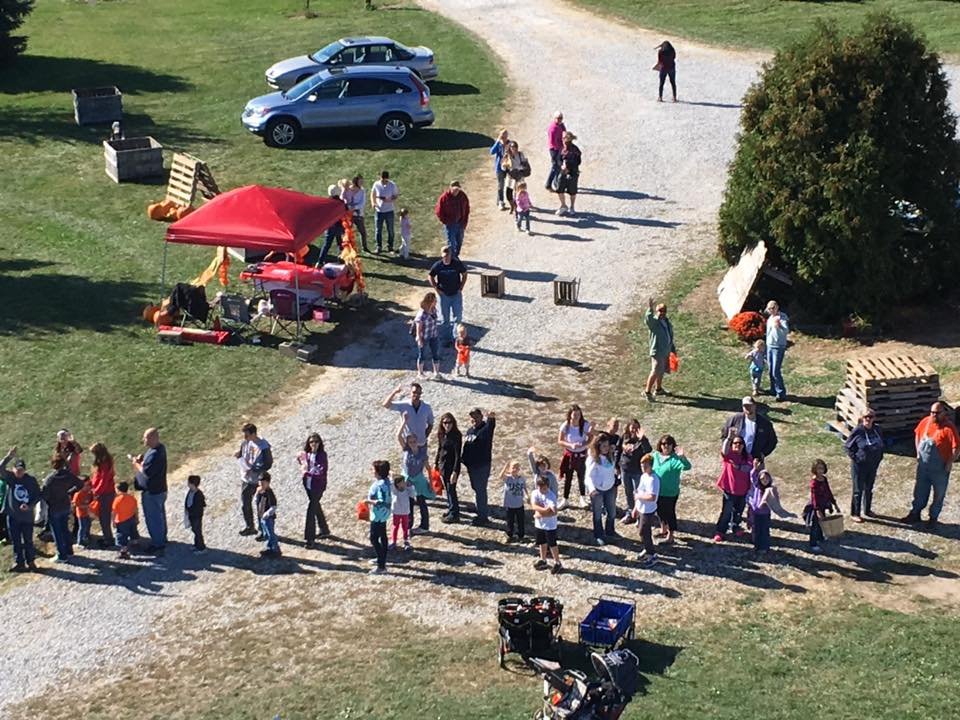 14656446_904870586279109_8577412584347697809_n Crowd of families and children enjoying a sunny day at a pumpkin patch event, with a red tent and various activities in the background.